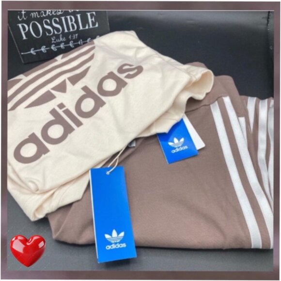NWT 2 pc adidas originals tshirt and leggings matching set in cream and brown L - Picture 1 of 5